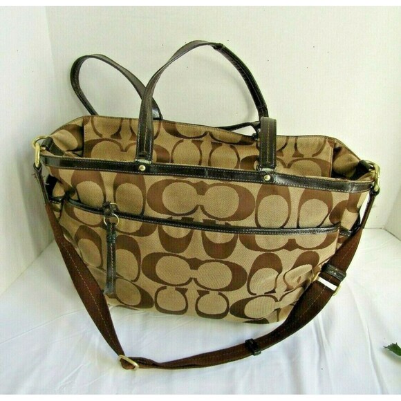 Authentic Coach 21865 Signature Stripe Brown Khaki Diaper Travel Weekender Bag - Picture 4 of 10